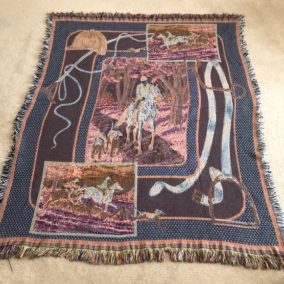 Tapestry Throw Blanket Equestrian Horses Riders Dogs Fox Hunt 48" X 58” - Picture 5 of 9